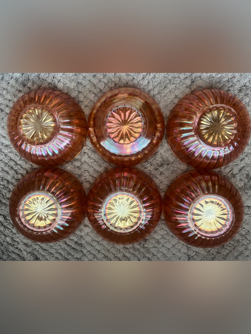 Vtg. Marigold Carnival Glass Berry Bowl Set Iridescent Peach Lustre Glass Set 6 - Picture 3 of 5